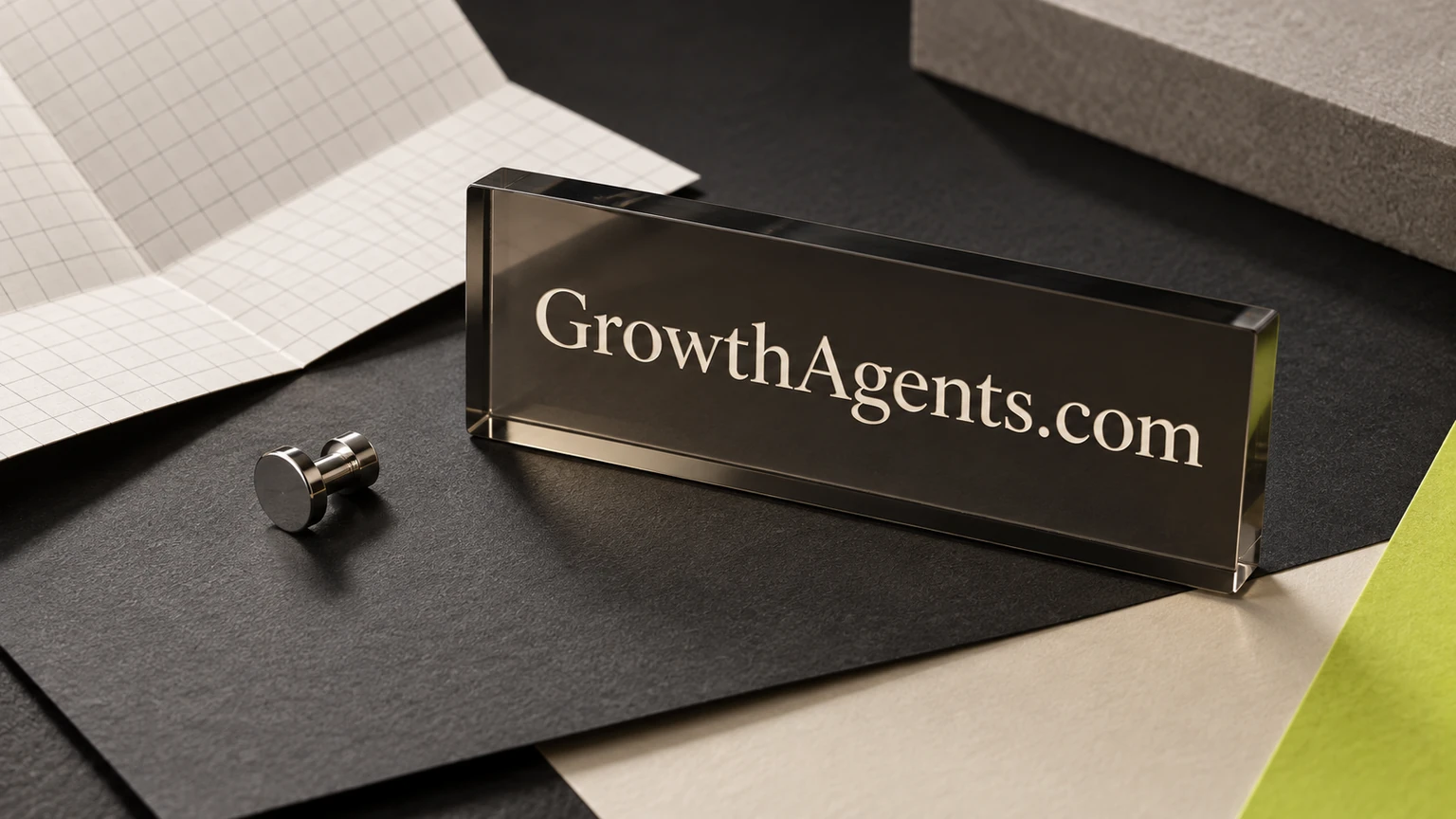 GrowthAgents.com engraved on a smoked-acrylic nameplate